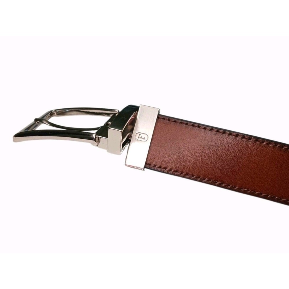 FOSSIL Mens Size 38 Reversible Leather Belt Brown Black Silver F Engraved Buckle